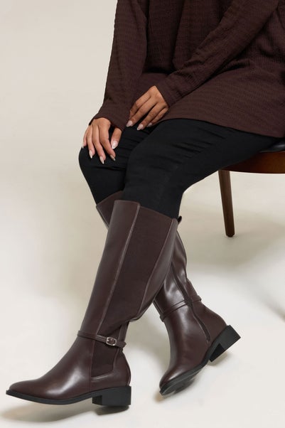 Brown Faux Leather Buckle Knee High Riding Boots In Extra Wide EEE Fit
