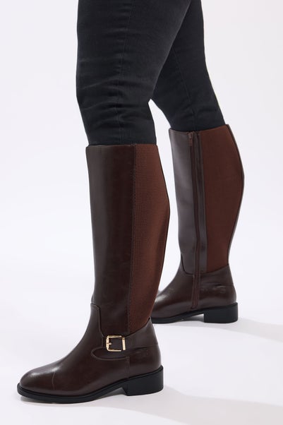 Yours Brown Buckle Detail Knee High Boots In Extra Wide Fit