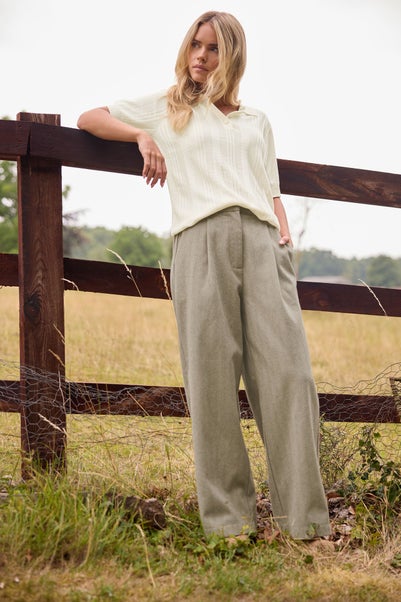 PixieGirl Petite Camel Brown Herringbone Wide Leg Trousers
