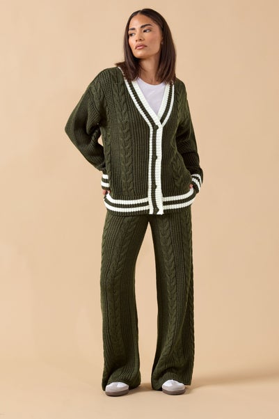 PixieGirl Petite Khaki Green Contrast Cable Knit Cardigan