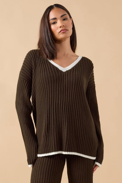 PixieGirl Petite Chocolate Brown Knitted V-Neck Jumper