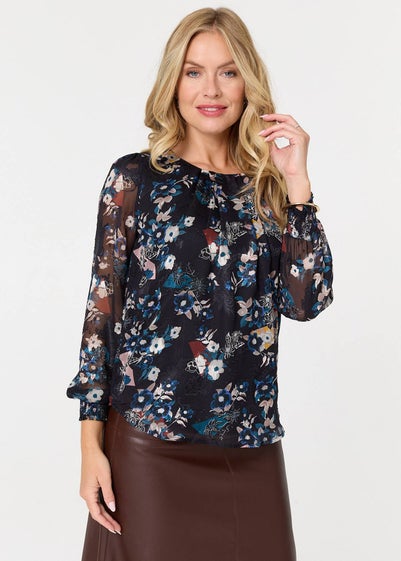 Izabel London Blue Floral Semi Sheer Long Sleeve Blouse