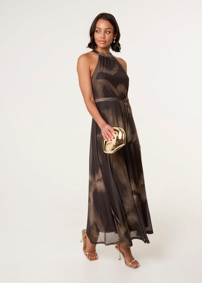 Blue Vanilla Brown Printed Mesh Halterneck Belted Maxi Dress