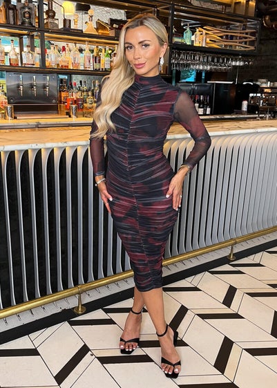 AX Paris Burgundy And Black Smudge Print Long Sleeve Ruched Bodycon Mesh Midi Dress