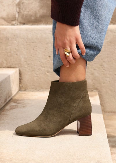 Linzi Cove Khaki Faux Suede Soft Square Toe Block Heel Ankle Boot