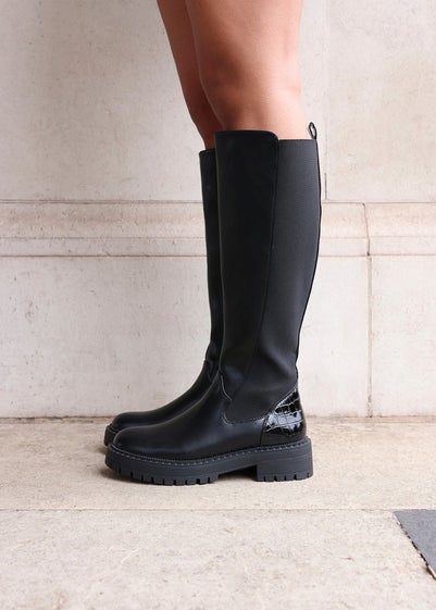 Linzi Swift Black Faux Leather & Croc Knee High Boot