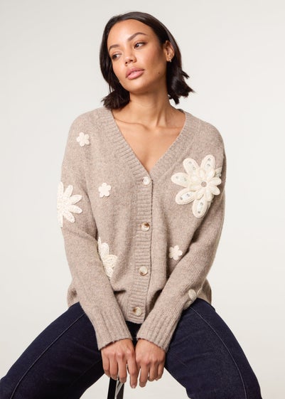 Blue Vanilla Beige Crochet Embellished Floral Cardigan
