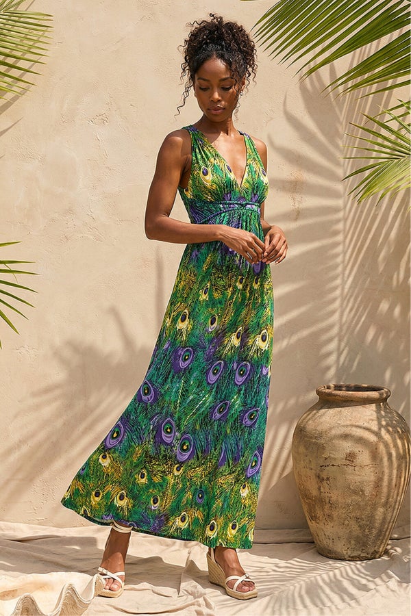 peacock green maxi dress Peacock Ruched Maxi Dress With Lace-Up Back