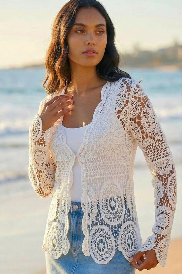 Roman Ivory Crochet Tie Front Knit Cardigan - S | Matalan