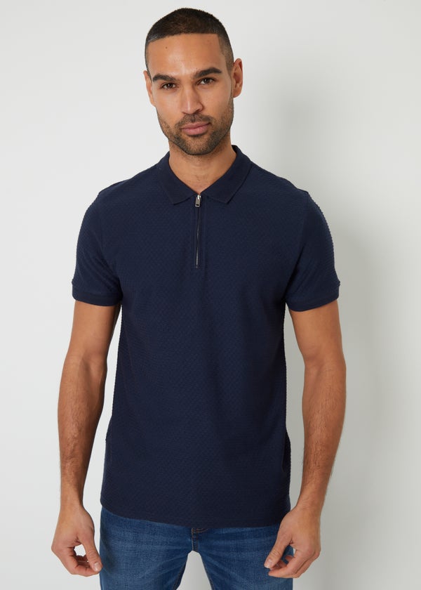 Threadbare Navy Textured Cotton Quarter Zip Polo Shirt - 2XL