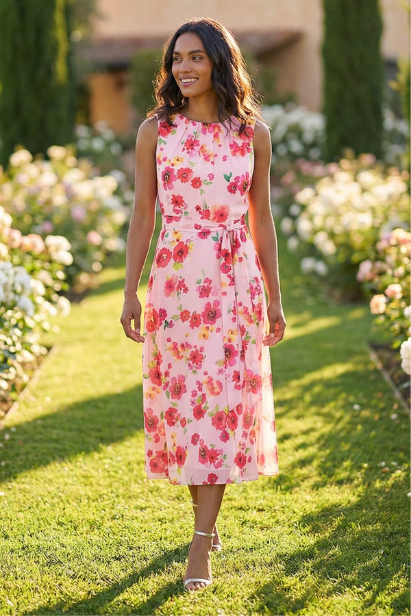 Roman Pink Floral Pleated Chiffon Midi Dress - 14 | Matalan
