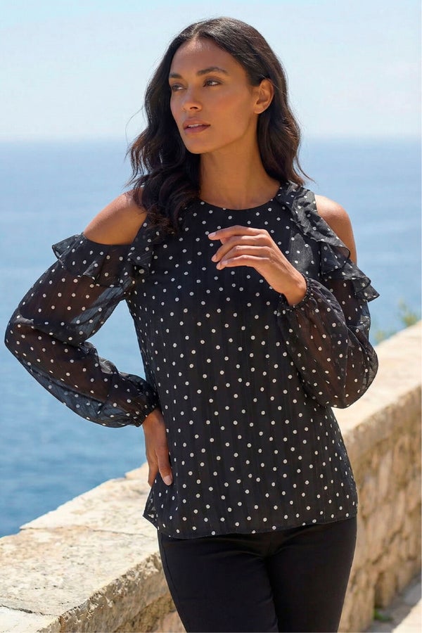 Roman Black Spot Print Frill Cold Shoulder Top - 10 | Matalan