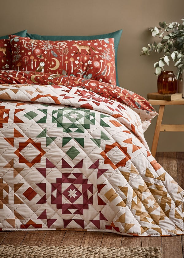 Catherine Lansfield Autumn Patchwork Geo Quilted Bedspread Natural
