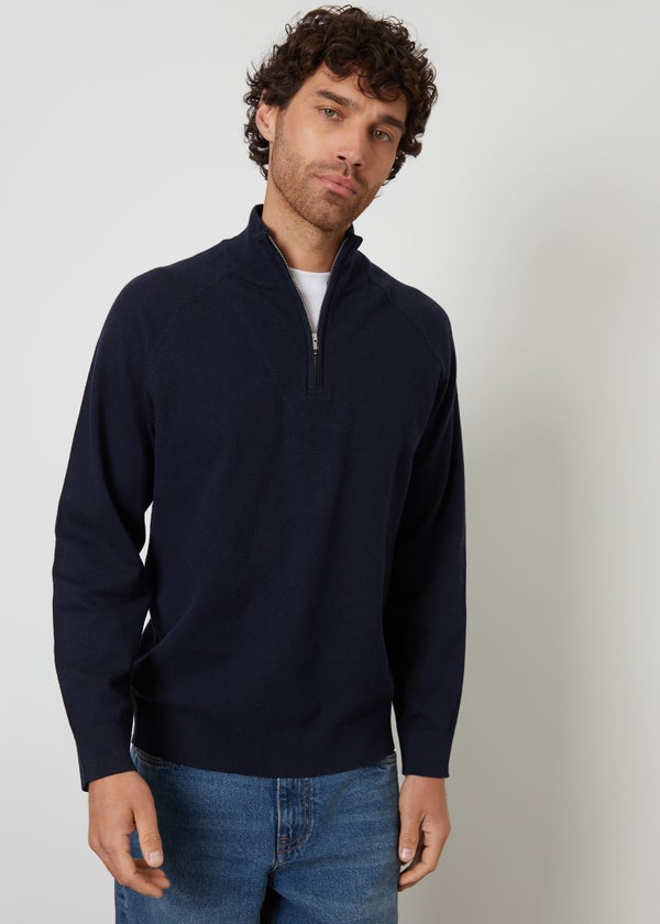 Threadbare Navy Mock Tee Textured Knit Quarter Zip Jumper - 2XL