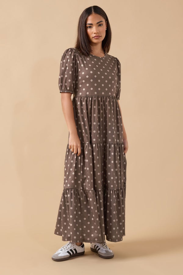 bardot brown polka dot dress LTS Women's Tall Chocolate Brown Bandeau Polka Dot Pleated Midi Dress Size 4