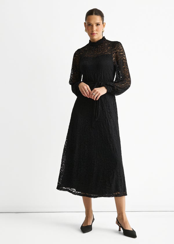 Gini London Black High Neck Jersey Lace Occasion Midi Dress - 8