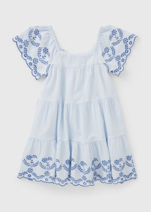 Girls Blue Stripe Broderie Seersucker Dress (7-15yrs) - 10 Yrs | Matalan