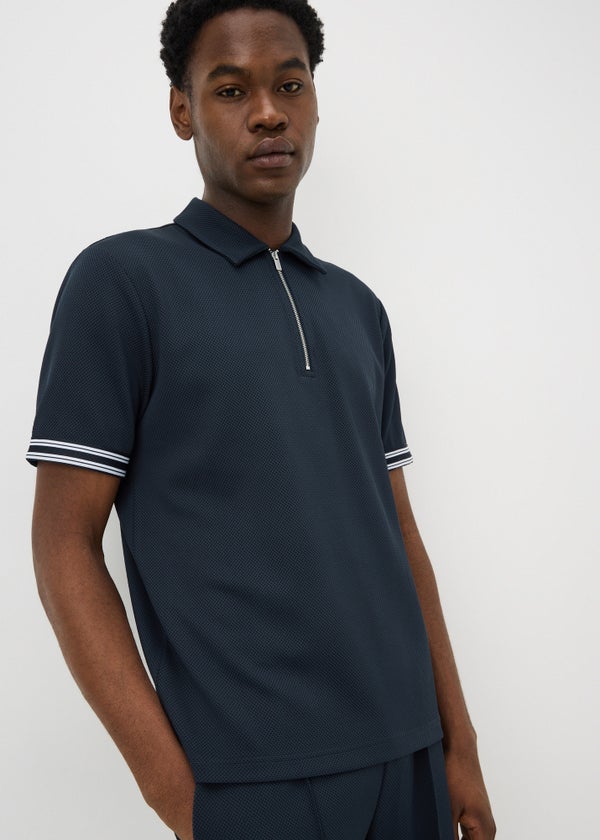 Navy Textured Zip Co Ord Polo Shirt - S | Matalan