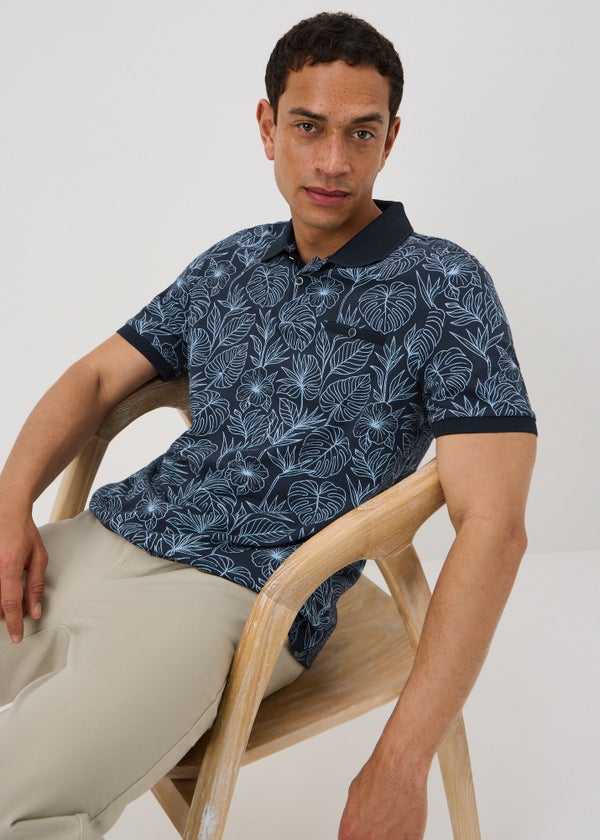 Navy Tropical Floral Textured Polo Shirt - S | Matalan