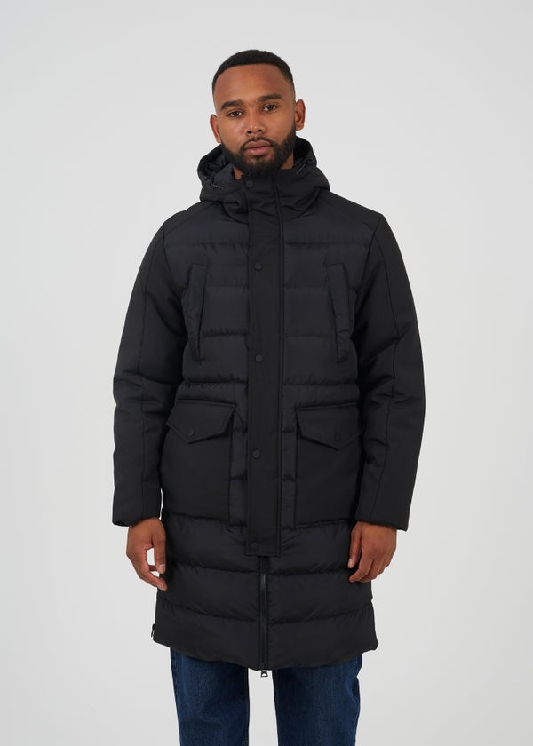 Brave Soul Black Padded Hooded Longline Jacket - S