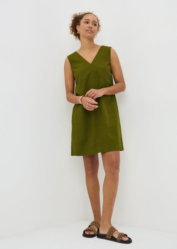 Olive V-Neck Linen Rich Mini Dress - 8 | Matalan