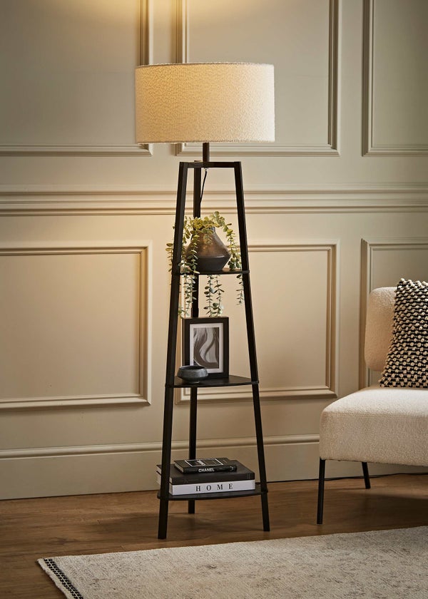 ValueLights Hiru Black 3 Tier Shelf Floor Lamp with Cream Boucle