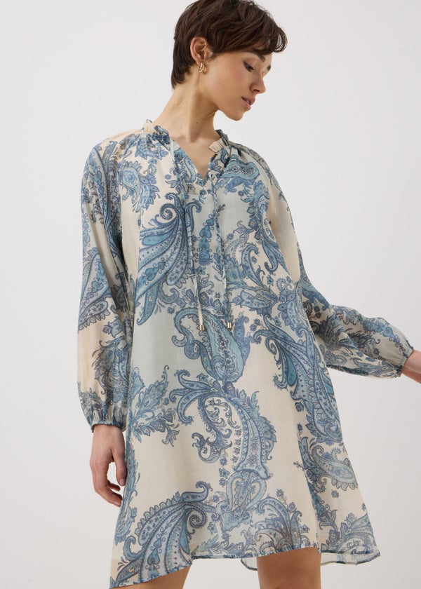 Blue Paisley Tie Neck Mini Shirt Dress