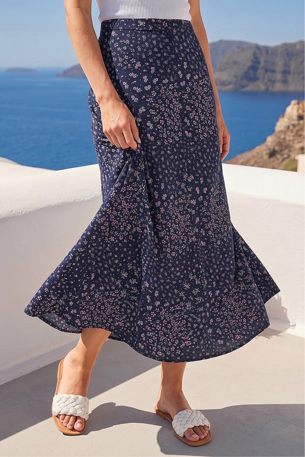 Roman Navy Floral Print Stretch Midi Skirt - 12 | Matalan