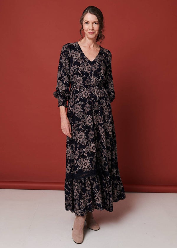 zara denim maxi dress long sleeve Natalie Martin Kate Long Sleeve Dress - Spanish Tile Combo
