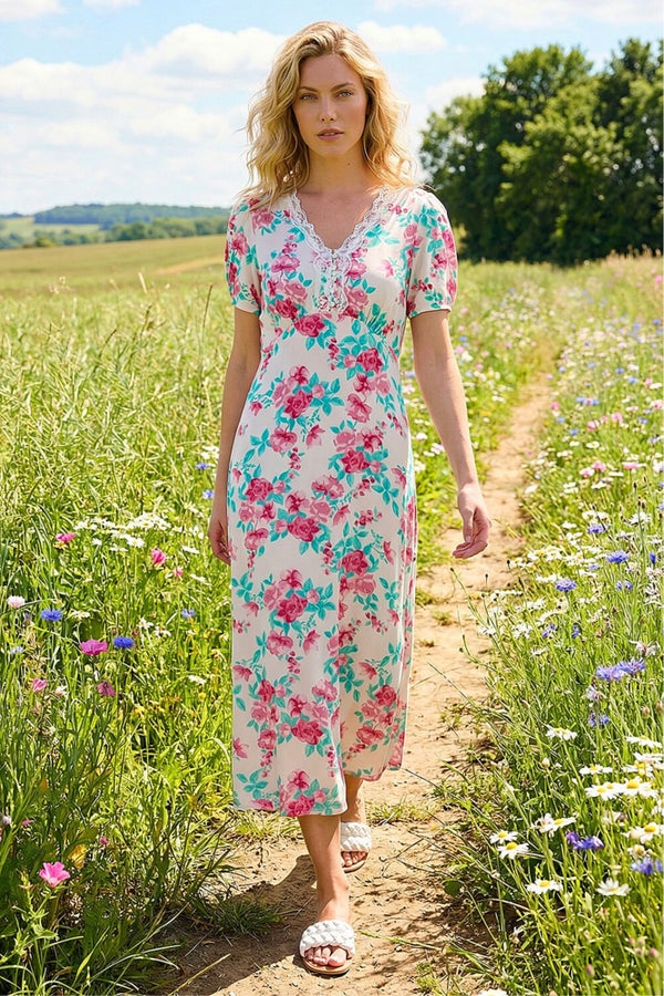 Roman Ivory Floral Lace Trim Midi Dress - 20 | Matalan