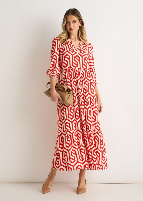 Gini London Red Geo Print Smock Maxi Dress - 8 | Matalan