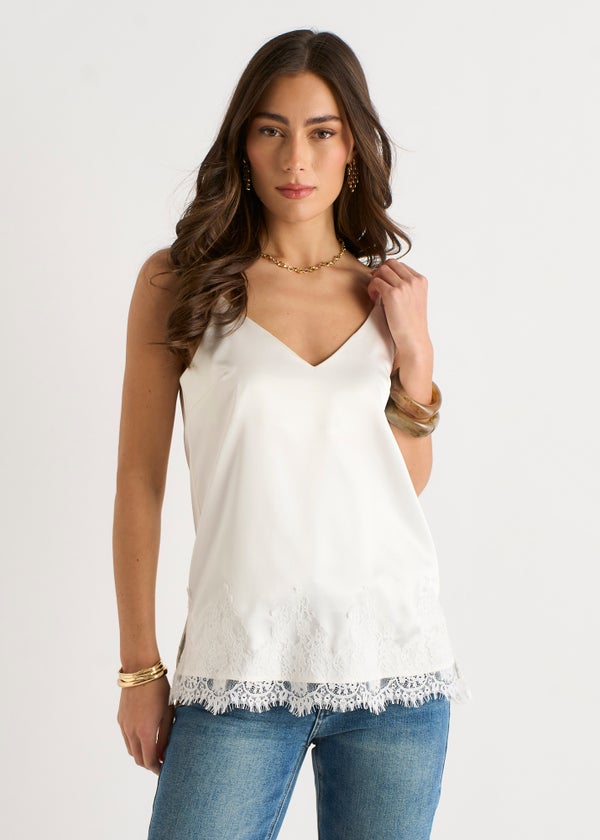 Gini London White Lace Trim Satin Cami Top - 8 | Matalan
