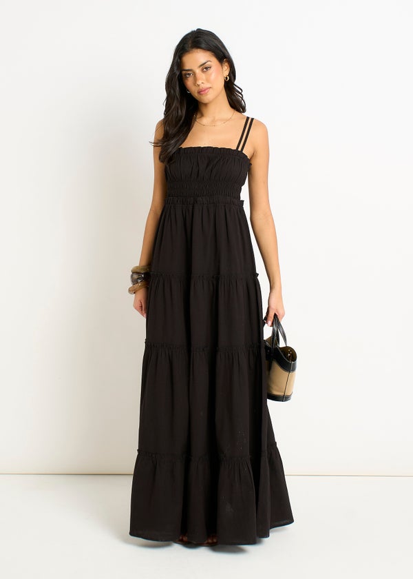Gini London Black Cotton Shirred Strappy Flare Maxi Dress - 8