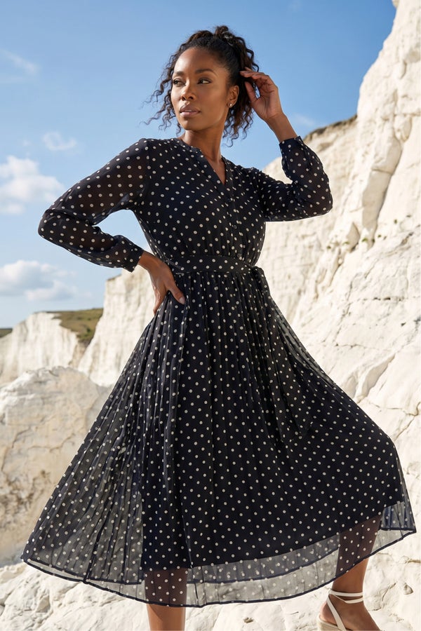【P.h.D.】Pin Dot Pleated Long Dress Roman Black Polka Dot Pleated Midi Dress - 16 | Matalan