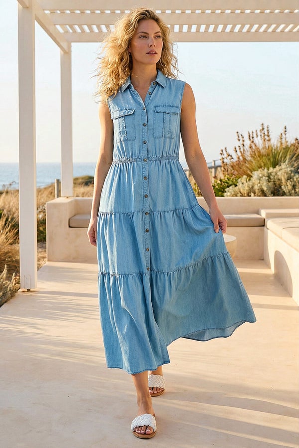 roman denim shirt dress Roman Denim Floral Denim Shirt Dress - 10