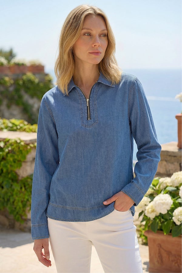 Roman Indigo Collared Zip Front Denim Top - 20 | Matalan