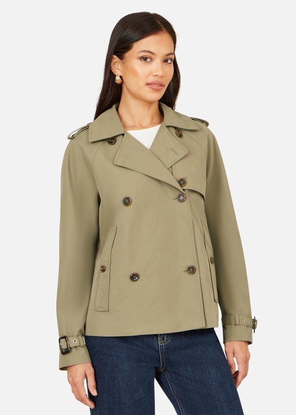 Yumi Green Cropped Trench Jacket With Pockets & Check Lining - 14