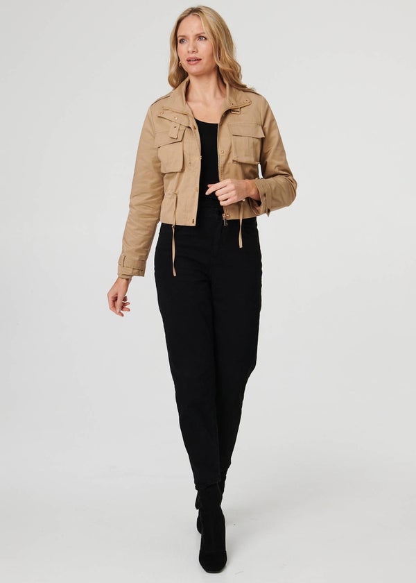 Izabel London Beige Buckled Pocket Detail Cropped Jacket - 14