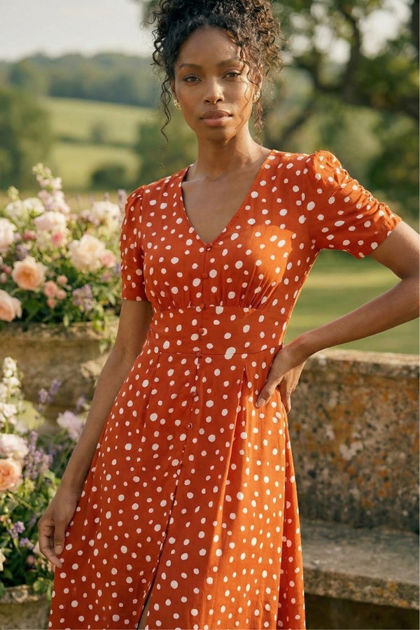 terracotta polka dot ruched front long sleeve bodycon dress PRETTYLITTLETHING Women's NWT Terracotta Polka Dot Ruched Bodycon Dress 4