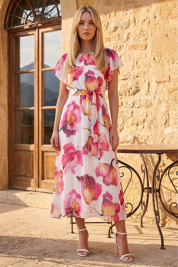 ワンピース Monotone Floral Slit Sleeve Dress Roman Ivory Floral Split Sleeve Midi Dress - 12 | Matalan