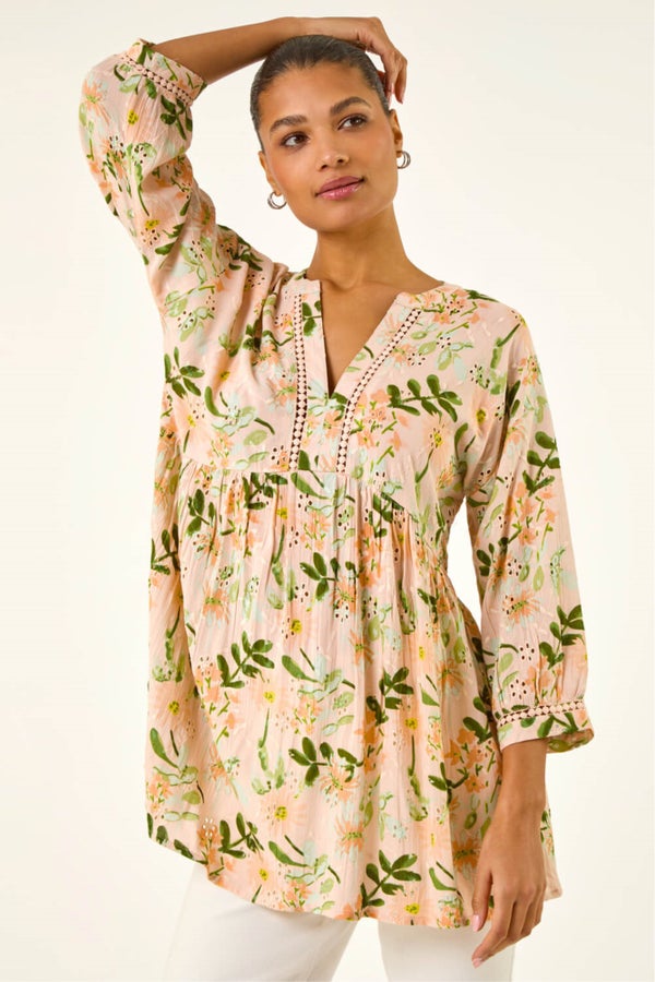 Roman Peach Floral Broderie Trim Tunic Top - 10 | Matalan
