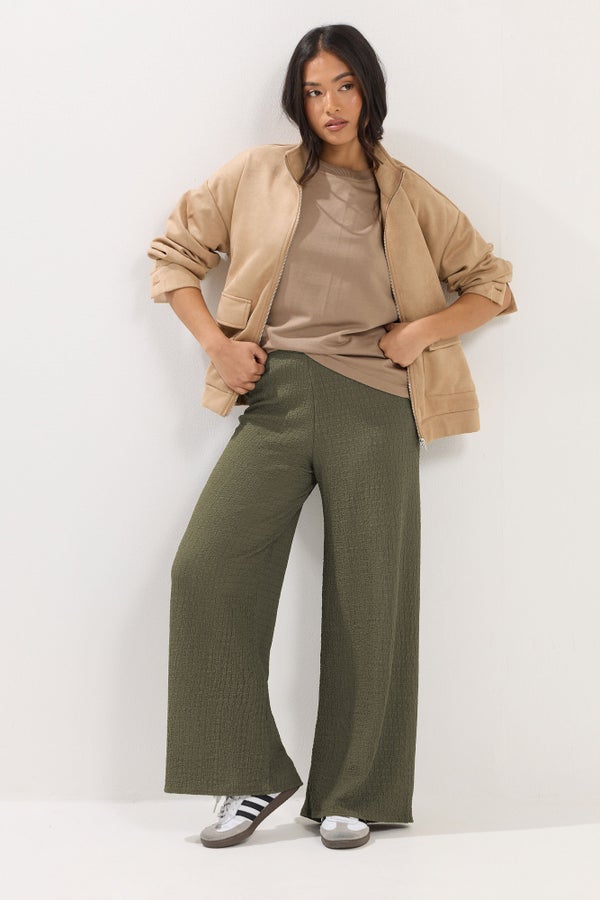 PixieGirl Petite Khaki Green Textured Wide Leg Trousers - 12/L27