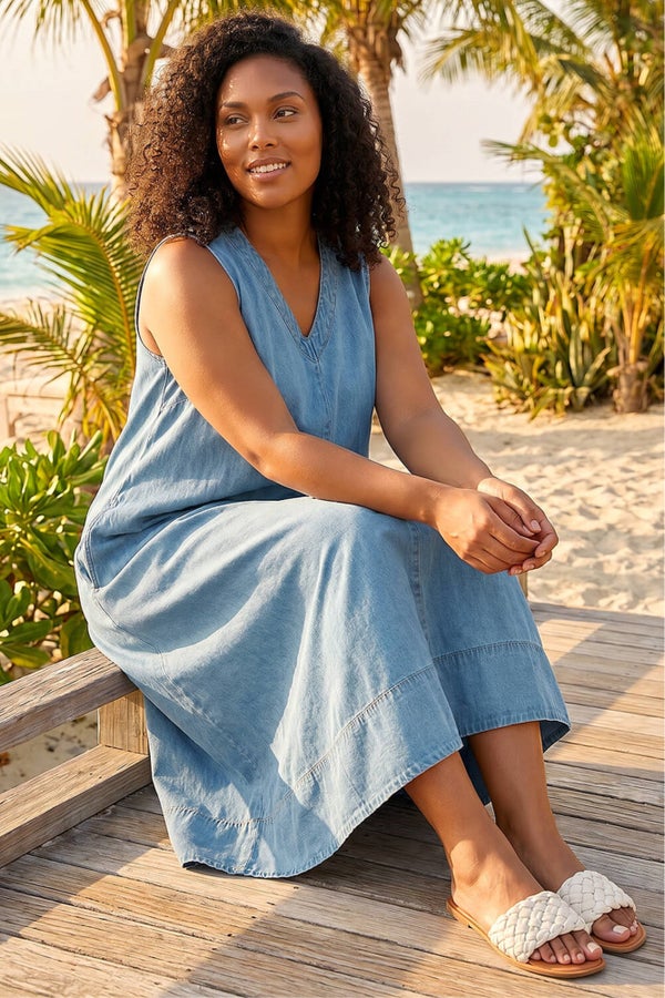 Gini London Denim Crochet Panel Double Layer Cotton Mini Dress - M