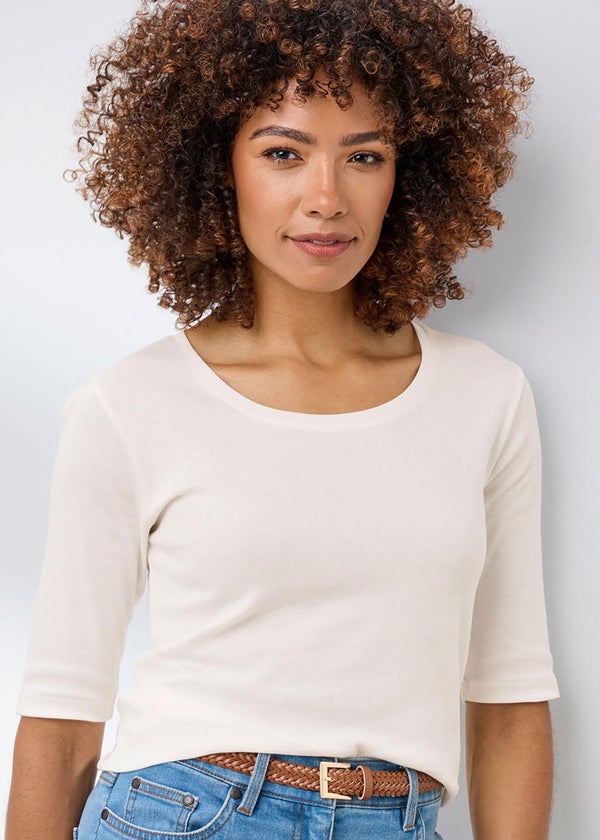 Cotton Traders Ivory Wrinkle Free 1/2 Sleeve Scoop Neck Top - 18