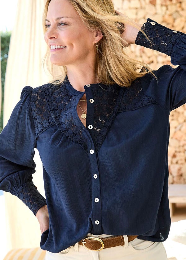 Cotton Traders Navy Lace Trim Crinkle Blouse - 8 | Matalan