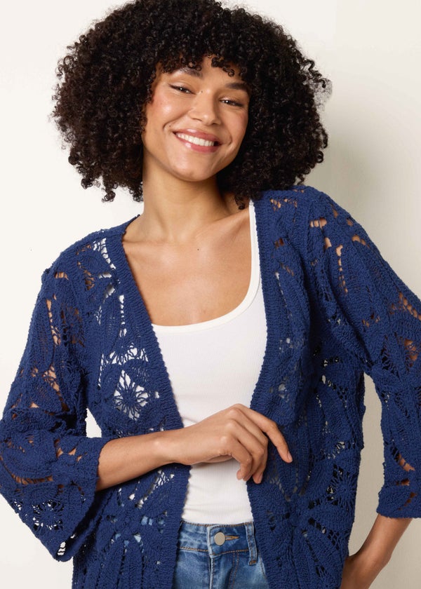 Blue Vanilla Navy Crochet Tie Front Cardigan - M/L | Matalan