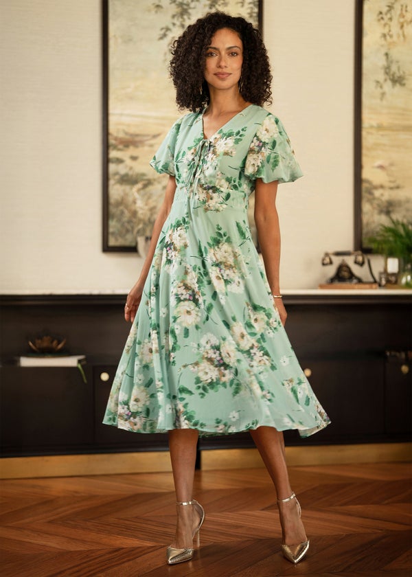 Yumi Mint Floral Tea Dress With Front Ties - 14 | Matalan Yumi Mint Floral Tea Dress With Front Ties - 14 | Matalan