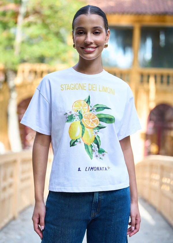 Yumi White Retro Relaxed Lemon Print Cotton T Shirt - S | Matalan