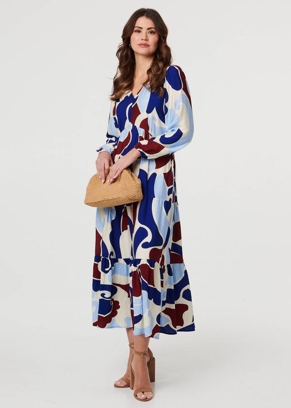 Izabel London Blue Abstract Tiered Long Sleeve Midi Dress - 16