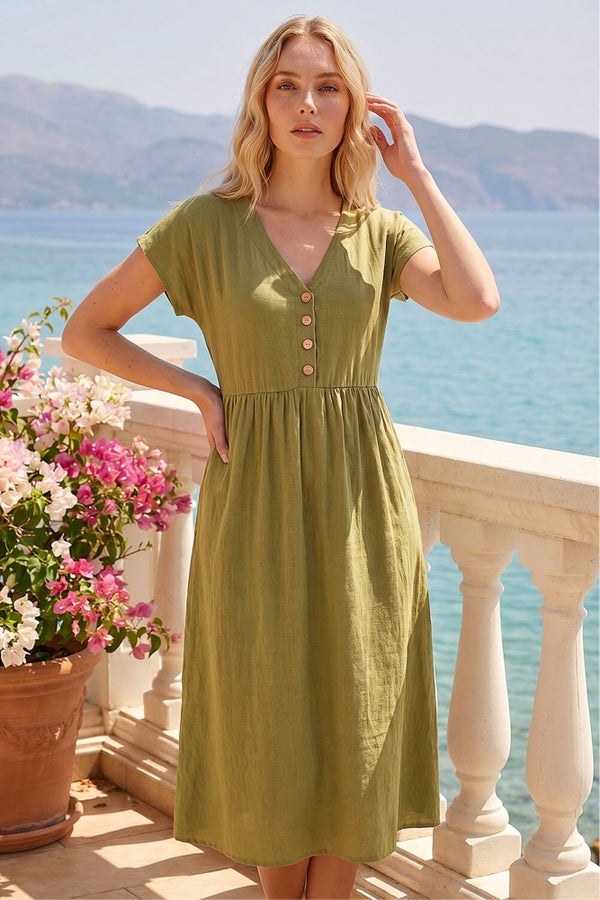 khaki linen dress Canyon Midi Black / L length silhouette moves with ease a timeless piece that balances natural linen texture with modern polish. Roman Khaki Linen Look Button